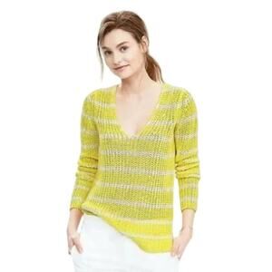 Banana Republic Yellow White Italian Linen Chunky Striped V-Neck Crochet Sweater